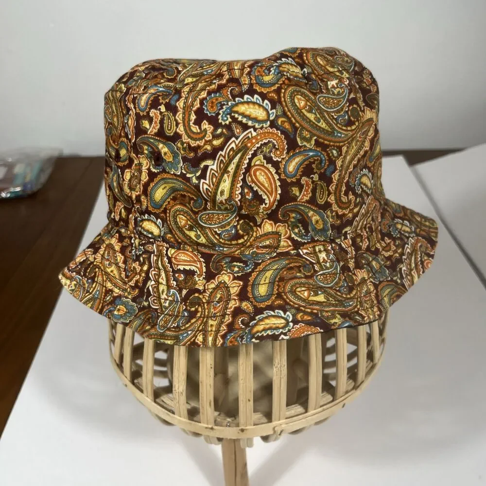 Top Level Paisley Bucket Hat Brown Gold Blue Unisex Festival Boho Streetwear OS
